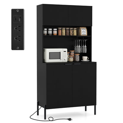 64.5 Inches Tall Kitchen Pantry Cabinet with Charging Station and Wine Glass Rack-Black