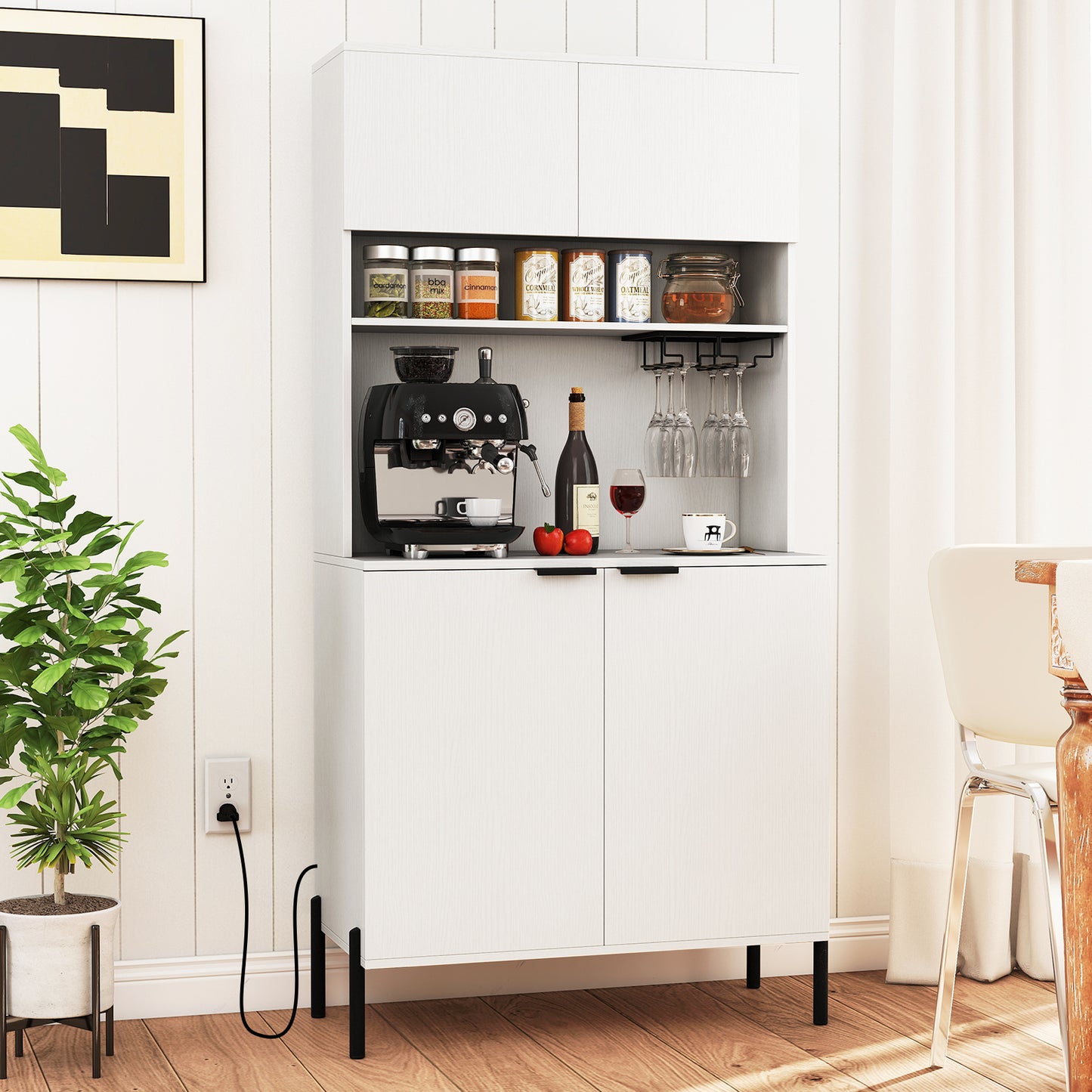 64.5 Inches Tall Kitchen Pantry Cabinet with Charging Station and Wine Glass Rack-Black