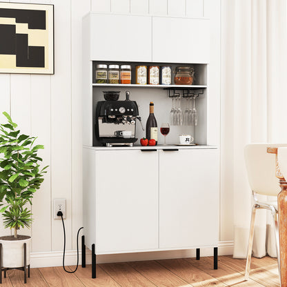 64.5 Inches Tall Kitchen Pantry Cabinet with Charging Station and Wine Glass Rack-Black