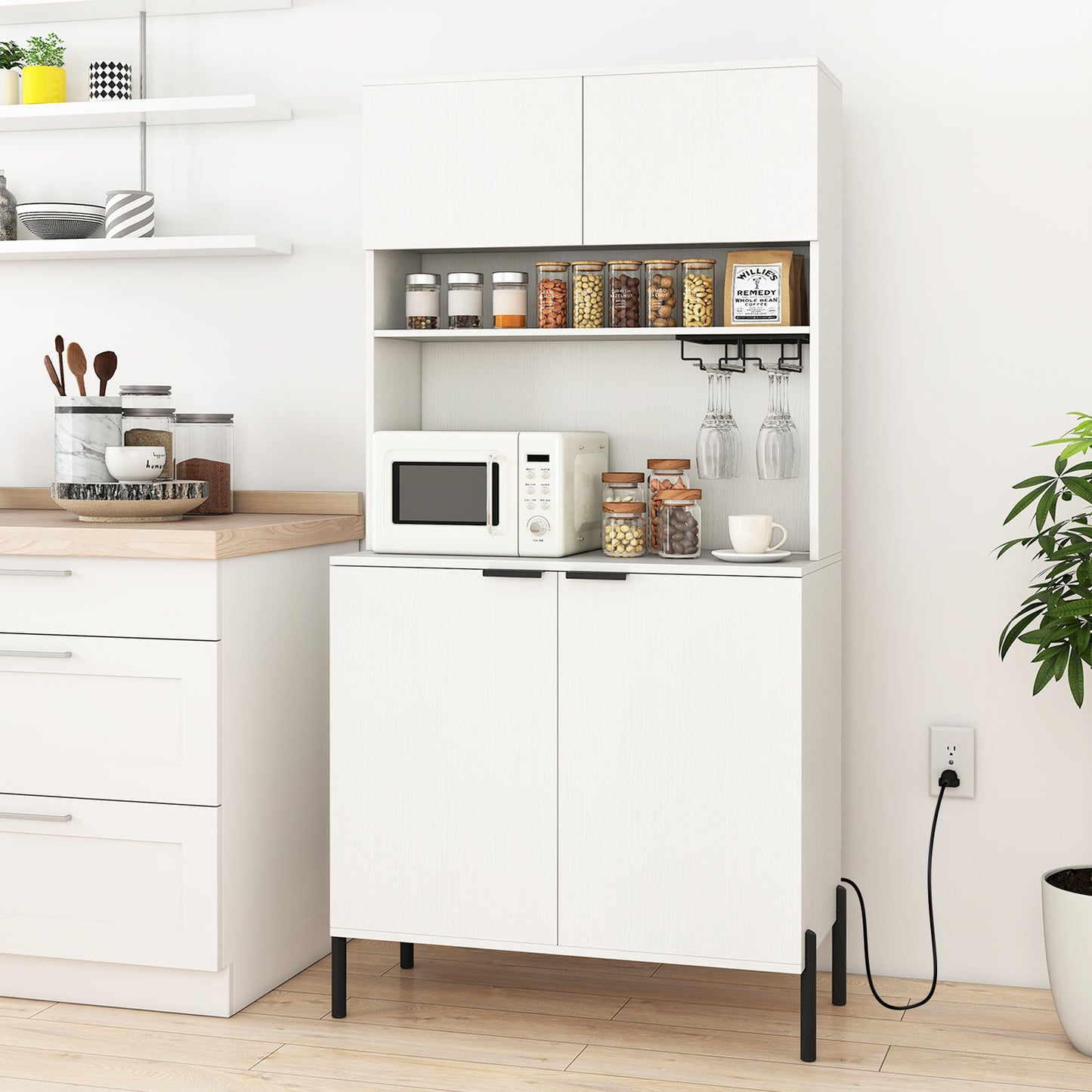 64.5 Inches Tall Kitchen Pantry Cabinet with Charging Station and Wine Glass Rack-Black