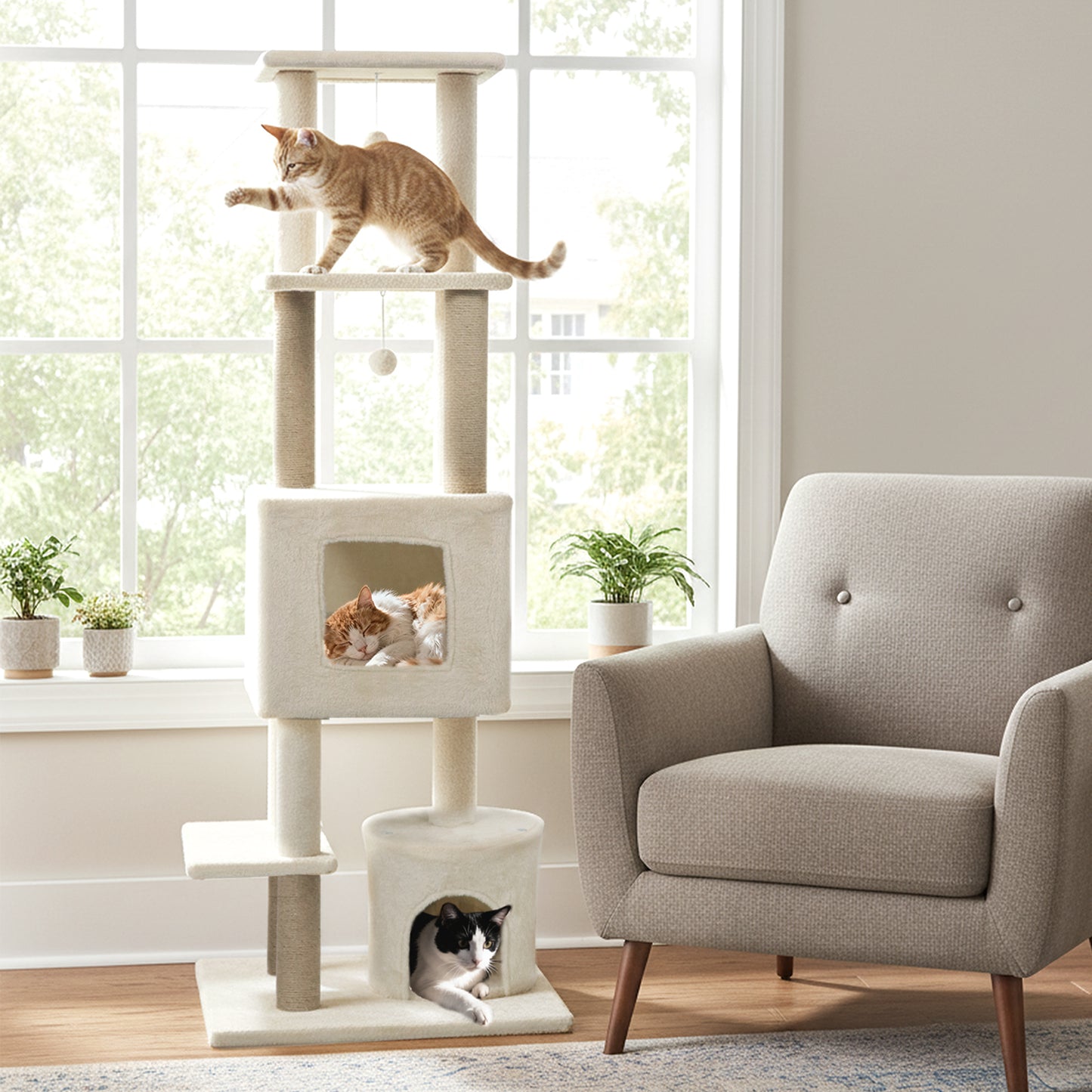 64 Inch Tall Cat Tree with 2 Large Condos and Jute Scratching Posts for Indoor Adult Cats-Beige
