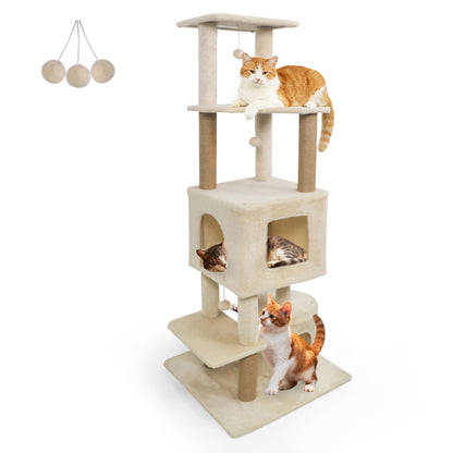 64 Inch Tall Cat Tree with 2 Large Condos and Jute Scratching Posts for Indoor Adult Cats-Beige