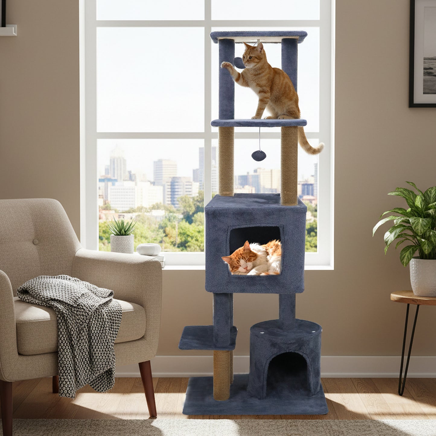 64 Inch Tall Cat Tree with 2 Large Condos and Jute Scratching Posts for Indoor Adult Cats-Beige