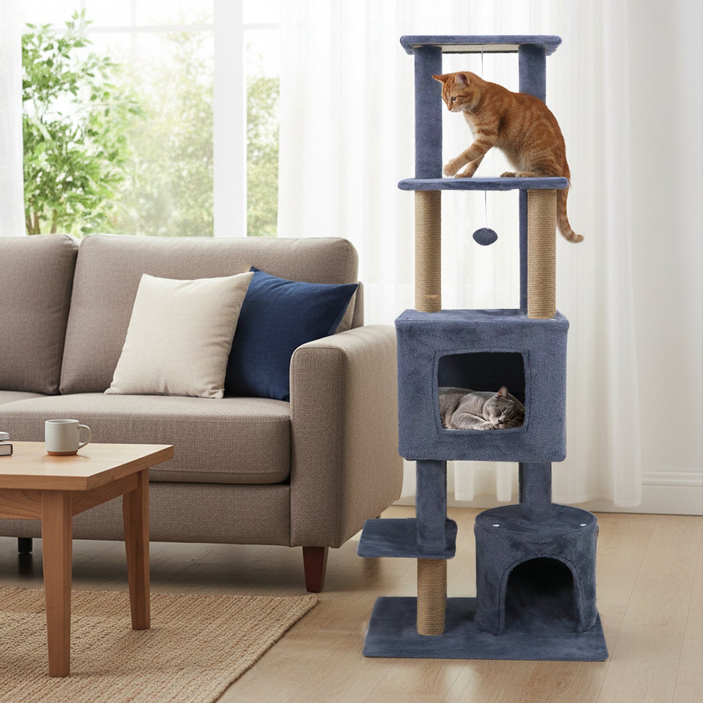 64 Inch Tall Cat Tree with 2 Large Condos and Jute Scratching Posts for Indoor Adult Cats-Beige