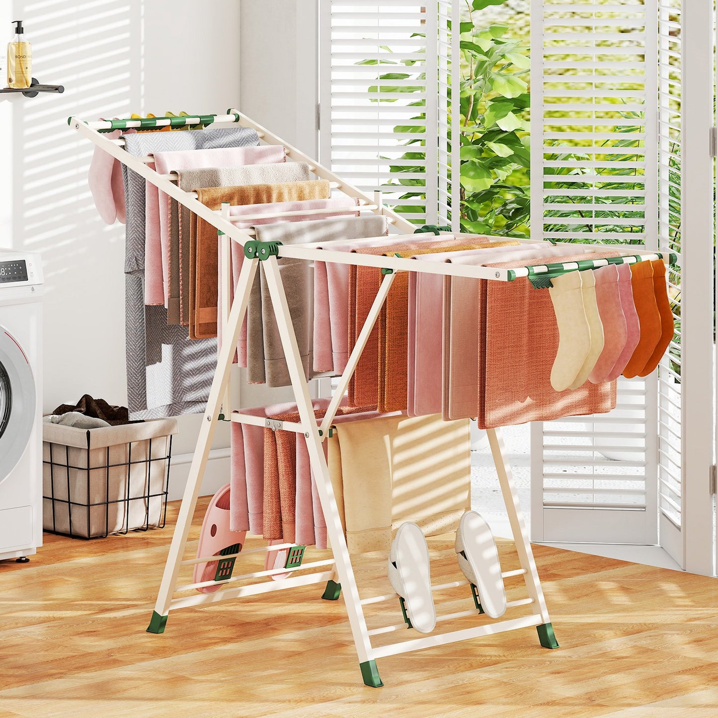 64 Inches Clothes Drying Rack with Height Adjustable Wings-Beige