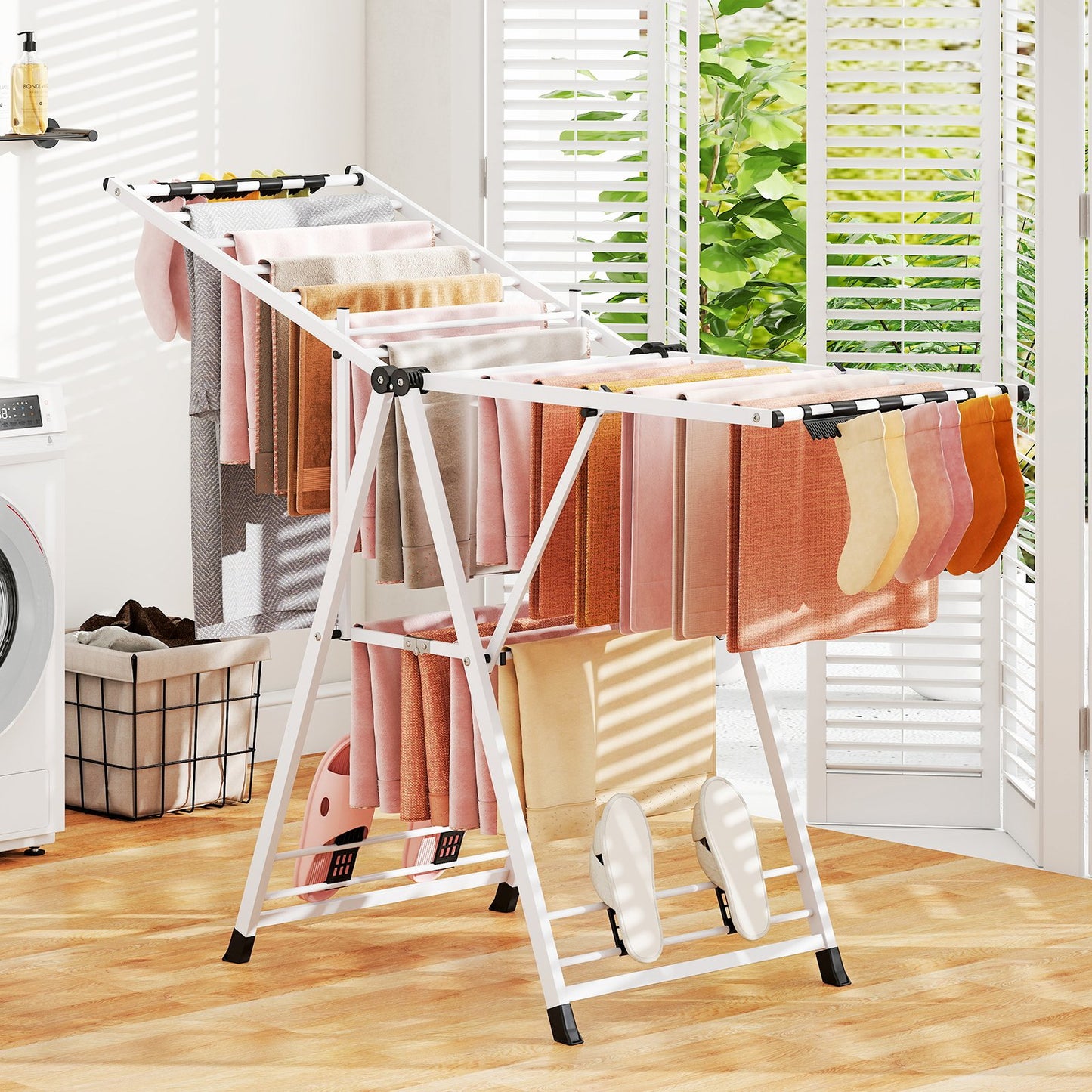 64 Inches Clothes Drying Rack with Height Adjustable Wings-Beige