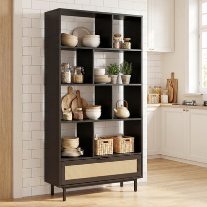Black 64-inch 6-tier wooden bookcase with open cubes, ideal for home office storage and organization.
