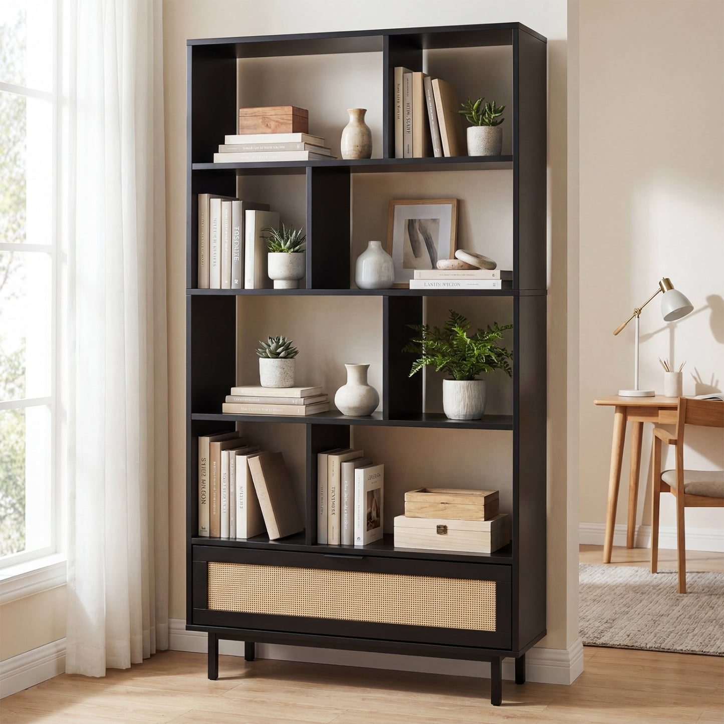 Black 64-inch 6-tier wooden bookcase with 8 open cubes, ideal for home office storage and organization.