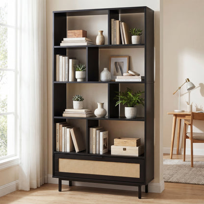 Black 64-inch 6-tier wooden bookcase with 8 open cubes, ideal for home office storage and organization.