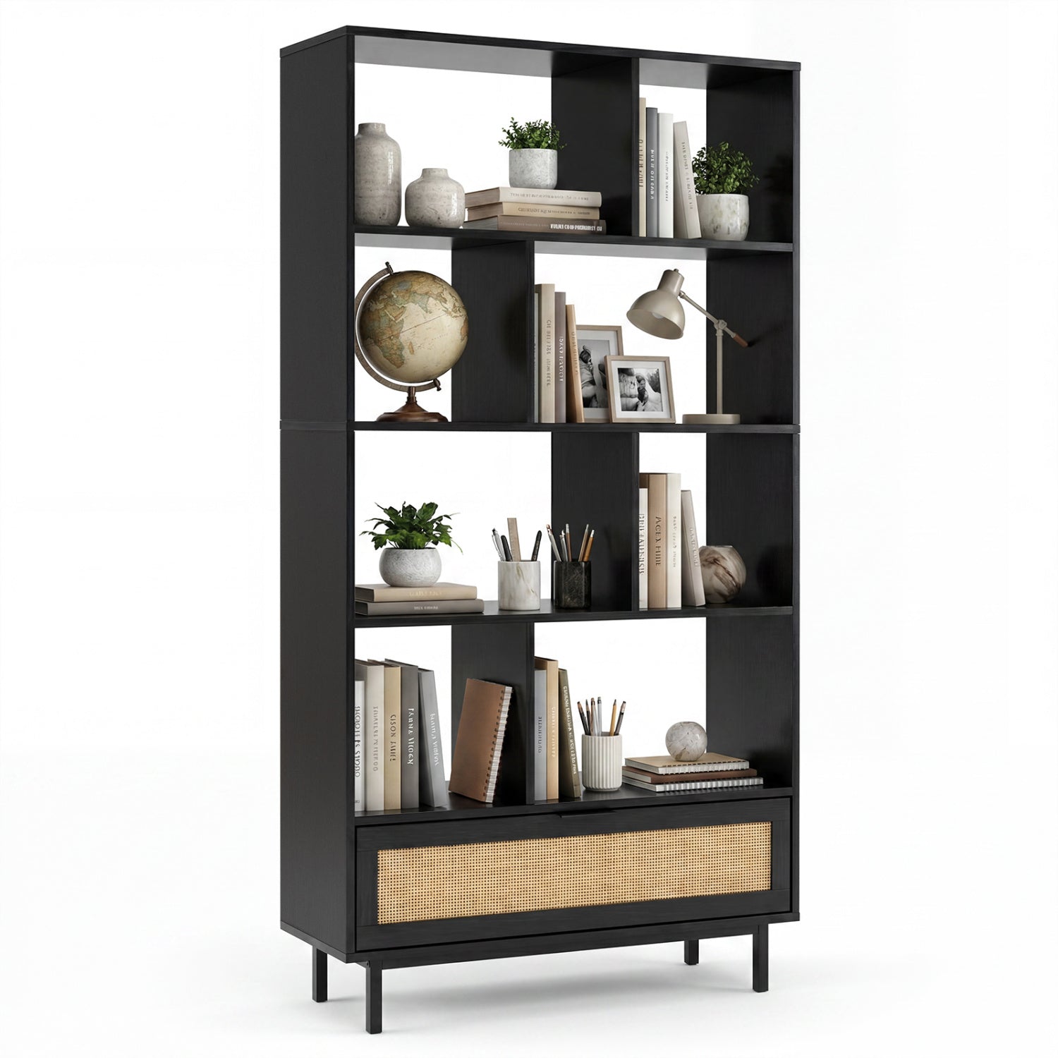 Black 64-inch 6-tier wooden bookcase with 8 open cubes, ideal for home office storage and organization.