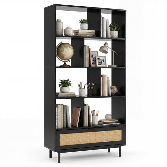 Black 64-inch 6-tier wooden bookcase with 8 open cubes, ideal for home office storage and organization.