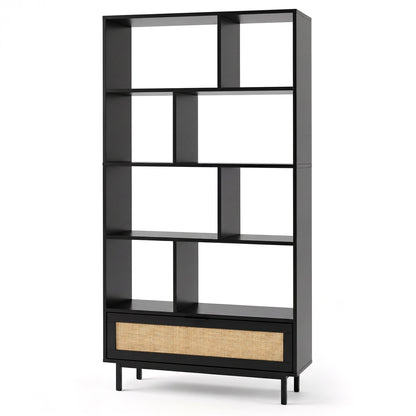 Black 64-inch 6-tier wooden bookcase with 8 open cubes, ideal for home office storage and organization.