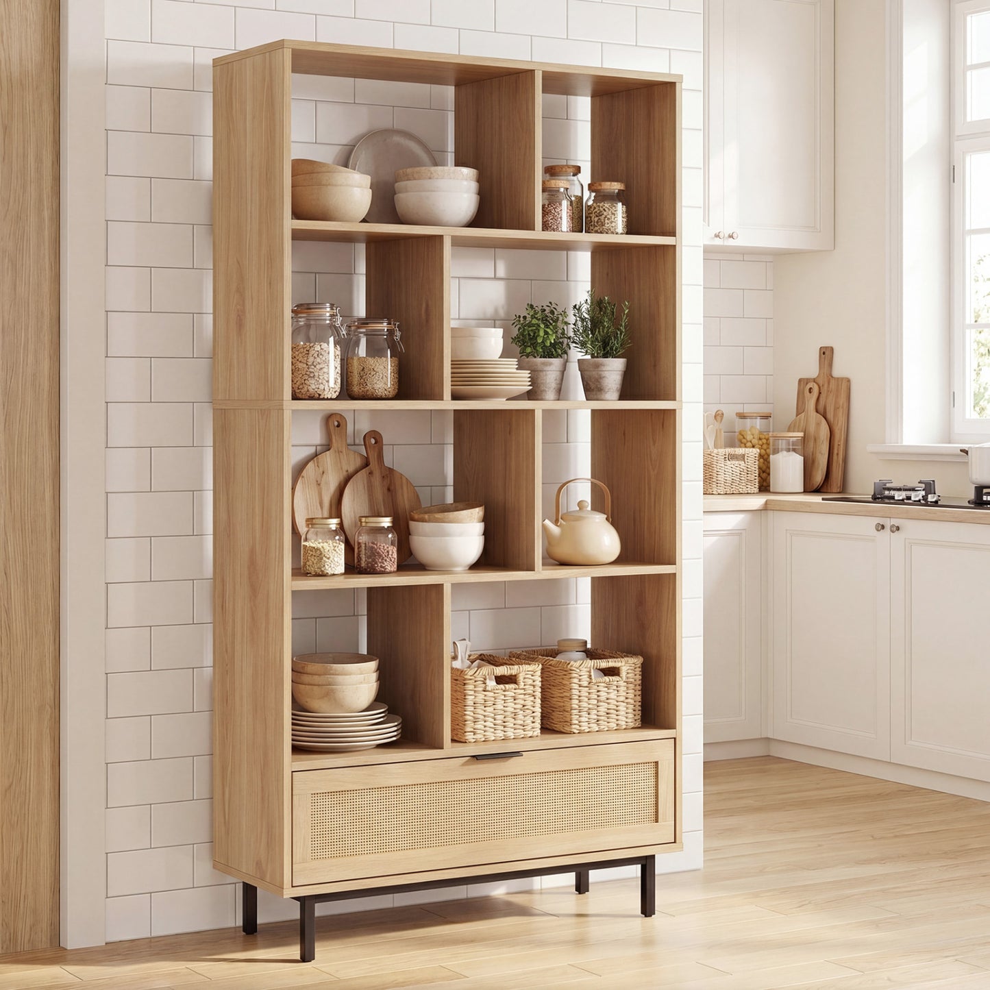 Black 64-inch 6-tier wooden bookcase with 8 open cubes, ideal for home office storage and organization.