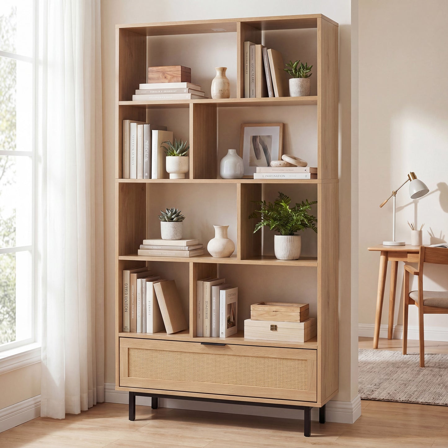 Black 64-inch 6-tier wooden bookcase with 8 open cubes, ideal for home office storage and organization.