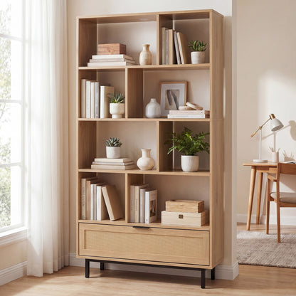 Black 64-inch 6-tier wooden bookcase with 8 open cubes, ideal for home office storage and organization.