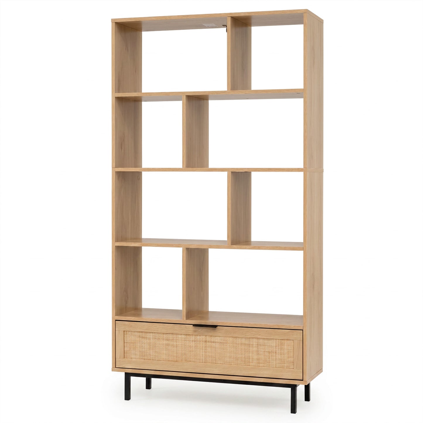 Black 64-inch 6-tier wooden bookcase with 8 open cubes, ideal for home office storage and organization.