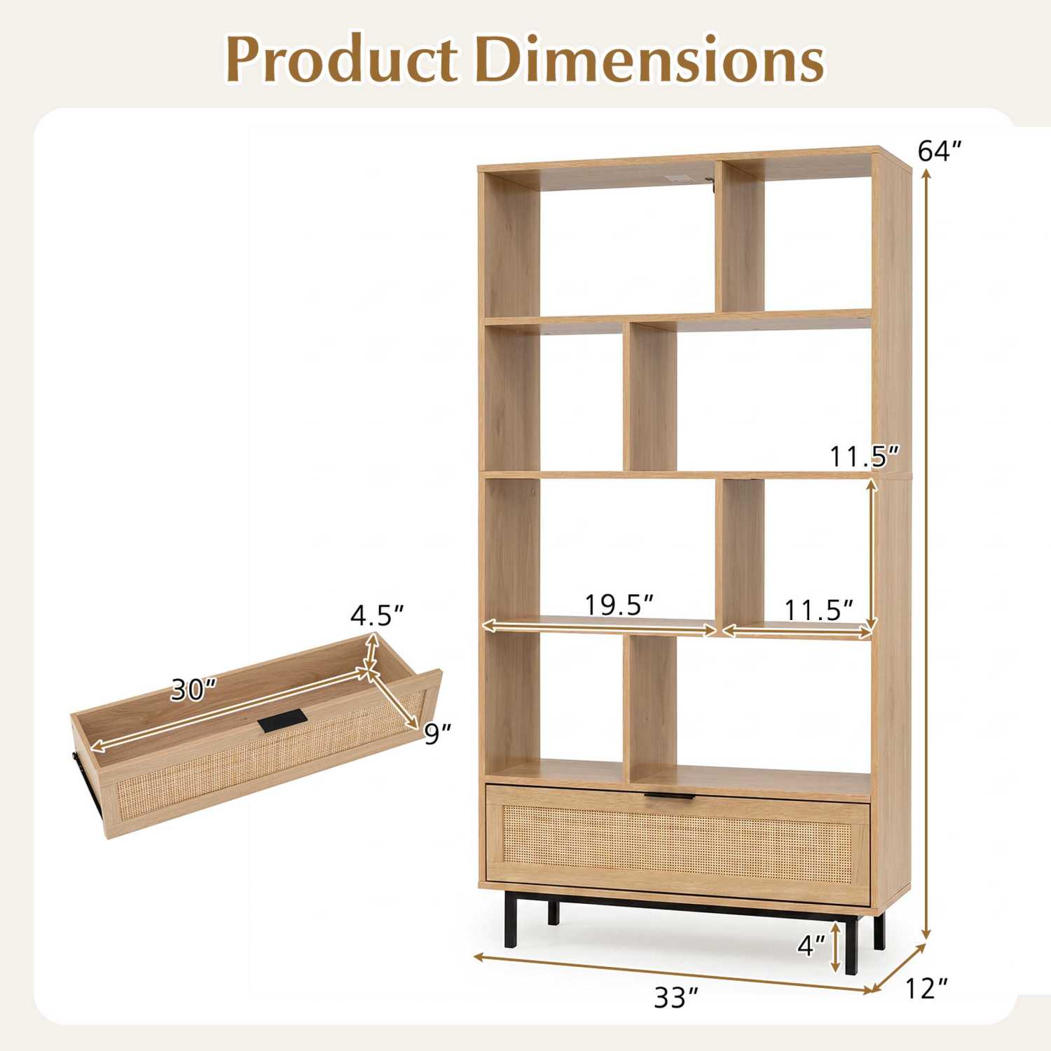 Black 64-inch 6-tier wooden bookcase with 8 open cubes, ideal for home office storage and organization.