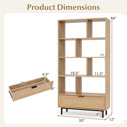 Black 64-inch 6-tier wooden bookcase with 8 open cubes, ideal for home office storage and organization.