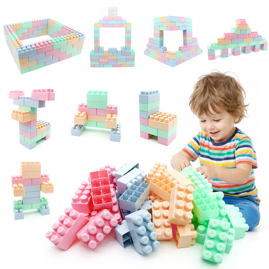 Set of 64 toddler building blocks for educational play, colorful plastic construction toys for early learning and development.
