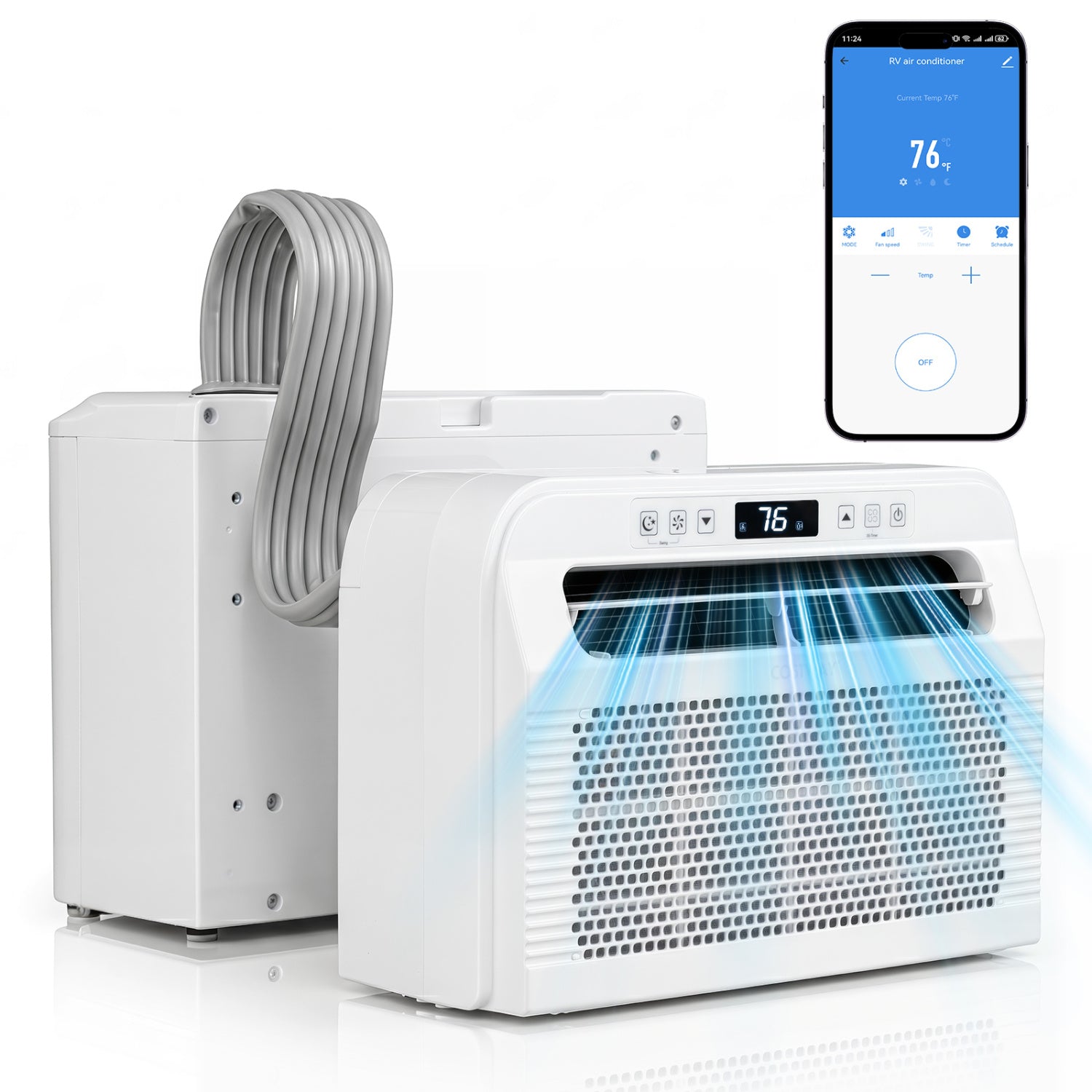 White 6500 BTU window AC unit with WiFi app control, voice control, 24-hour timer, and quiet operation for cooling spaces.