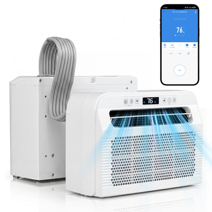 White 6500 BTU window AC unit with WiFi app control, voice control, 24-hour timer, and quiet operation for cooling spaces.