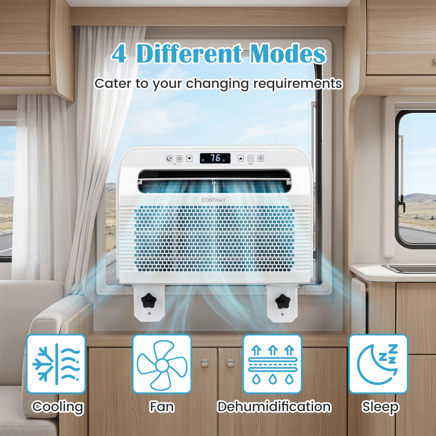 White 6500 BTU window air conditioner with WiFi app control, quiet operation, and 24-hour timer.