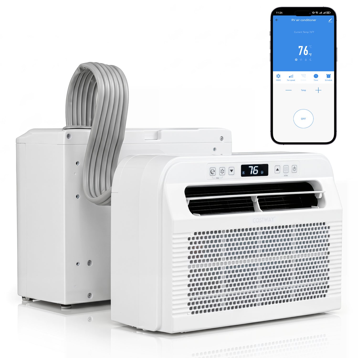 White 6500 BTU window AC unit with WiFi, voice control, 24-hour timer, and quiet operation for climate control.