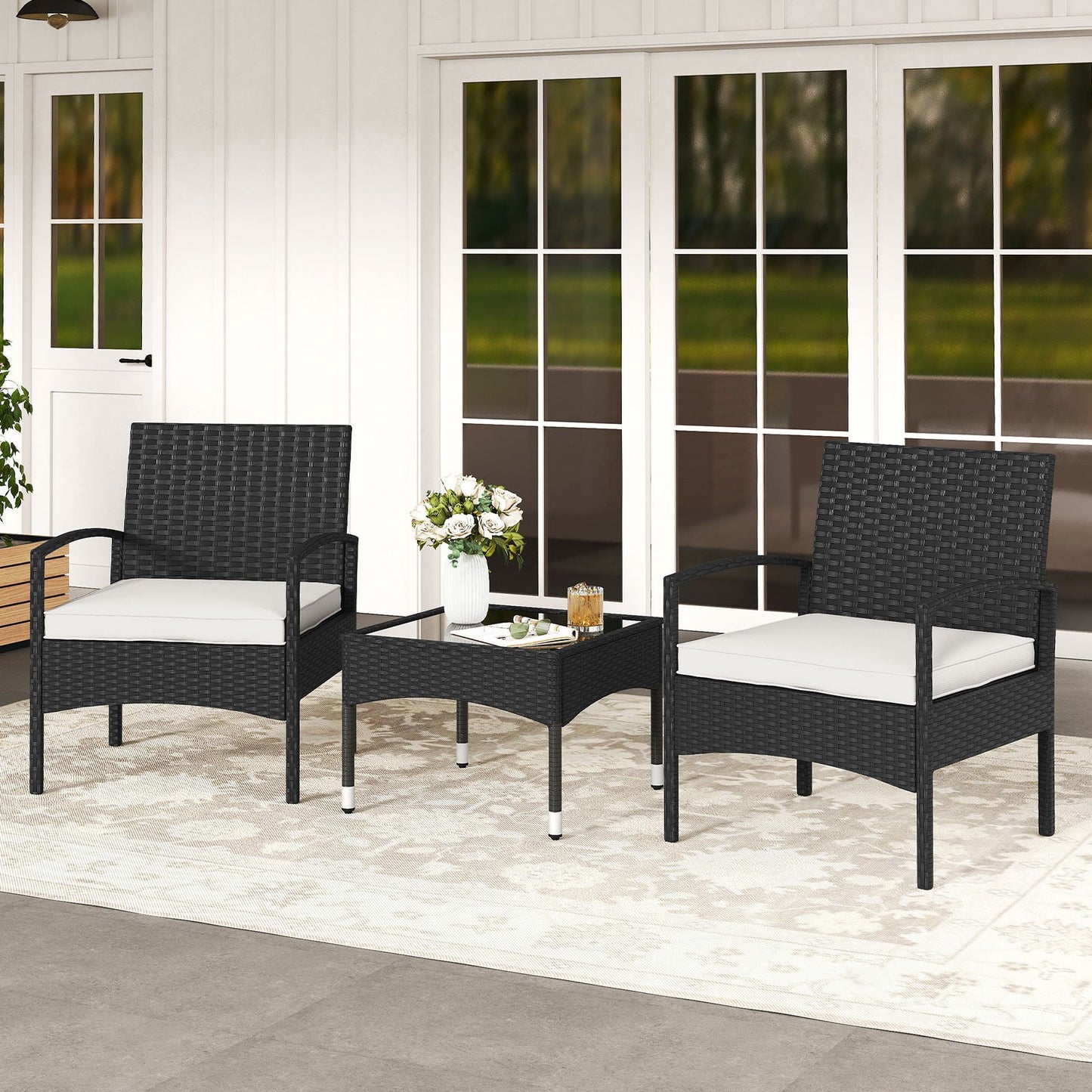 3-Piece Patio Furniture Set Rattan Bistro Chairs with Table-Beige