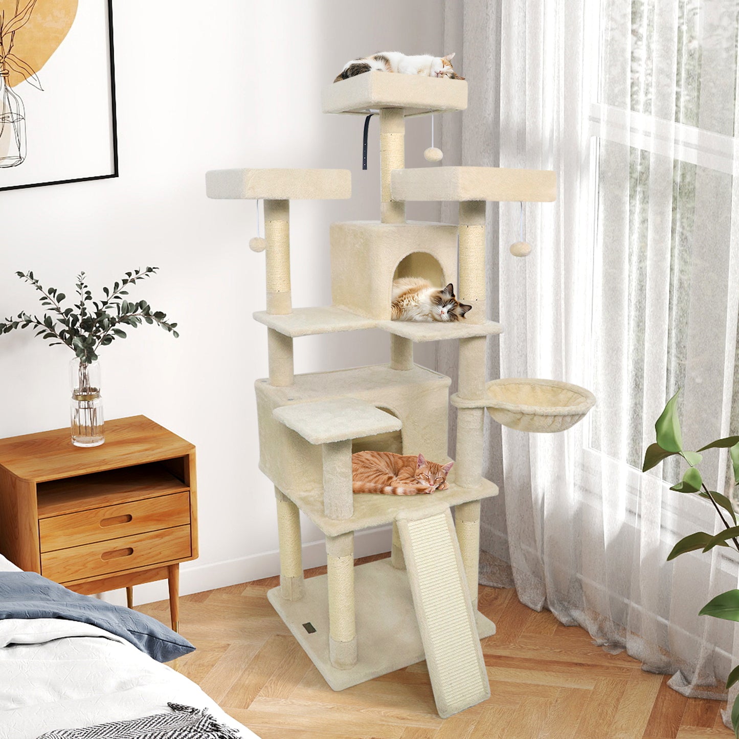 65 Inch Tall Multi-level Cat Tree with 3 Upholstered Perch and 2 Cat Condos-Beige