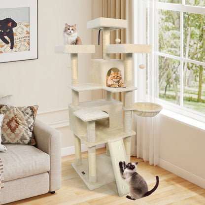 65 Inch Tall Multi-level Cat Tree with 3 Upholstered Perch and 2 Cat Condos-Beige