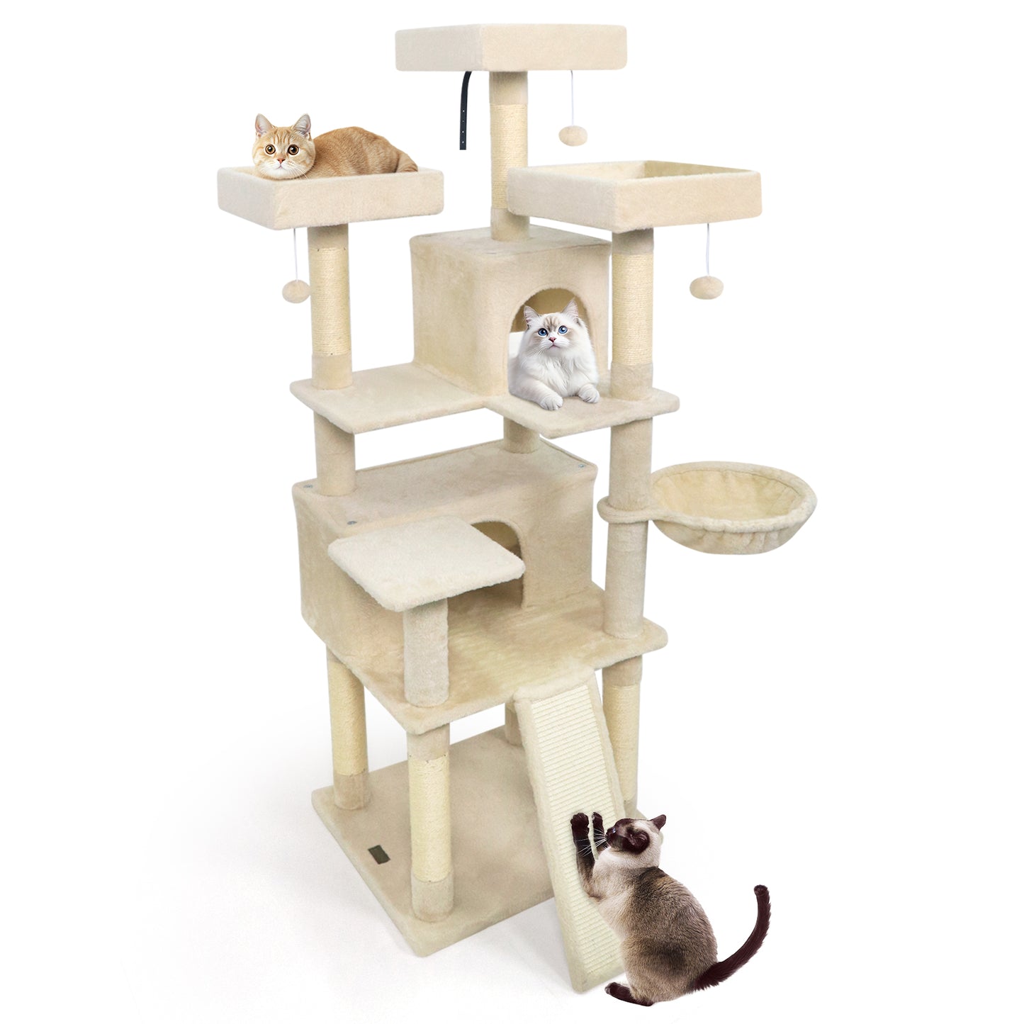 65 Inch Tall Multi-level Cat Tree with 3 Upholstered Perch and 2 Cat Condos-Beige