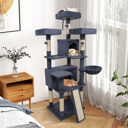 65 Inch Tall Multi-level Cat Tree with 3 Upholstered Perch and 2 Cat Condos-Beige