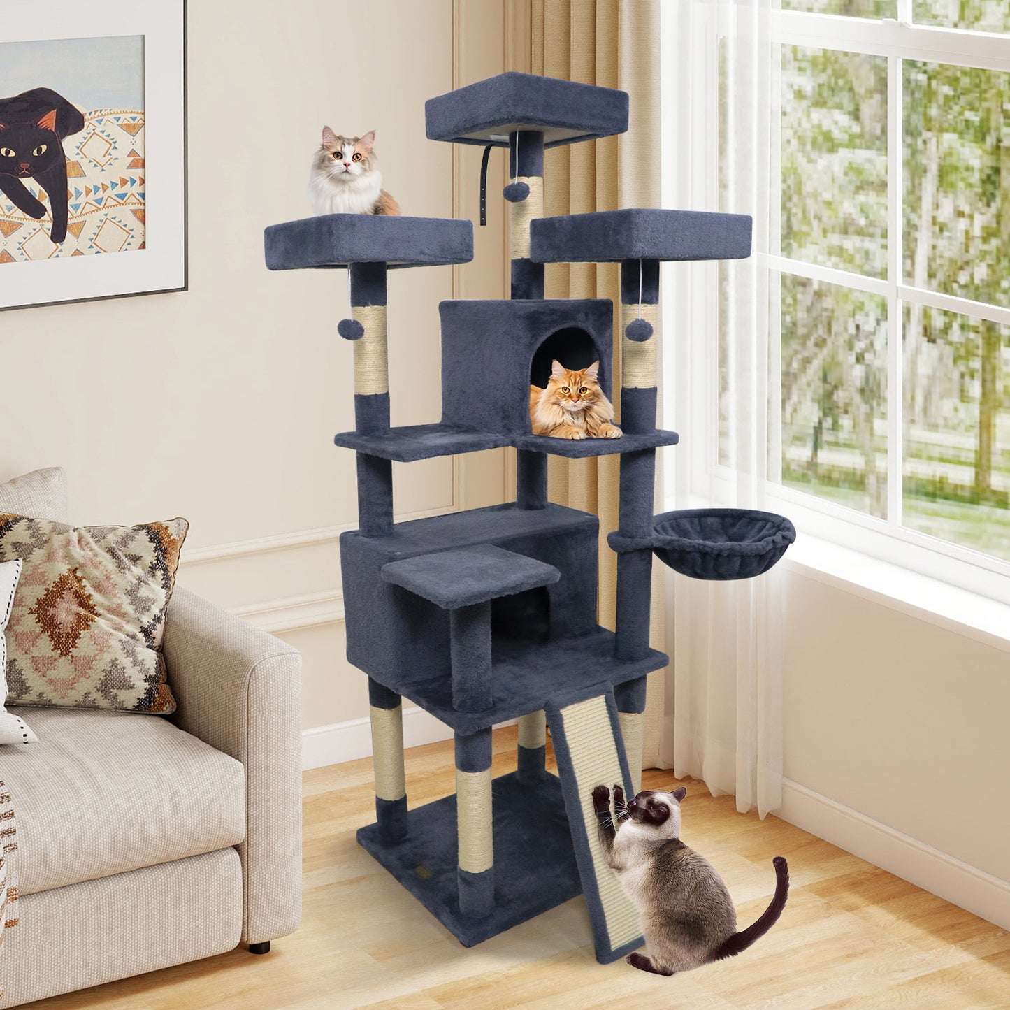 65 Inch Tall Multi-level Cat Tree with 3 Upholstered Perch and 2 Cat Condos-Beige
