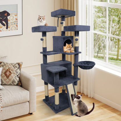65 Inch Tall Multi-level Cat Tree with 3 Upholstered Perch and 2 Cat Condos-Beige