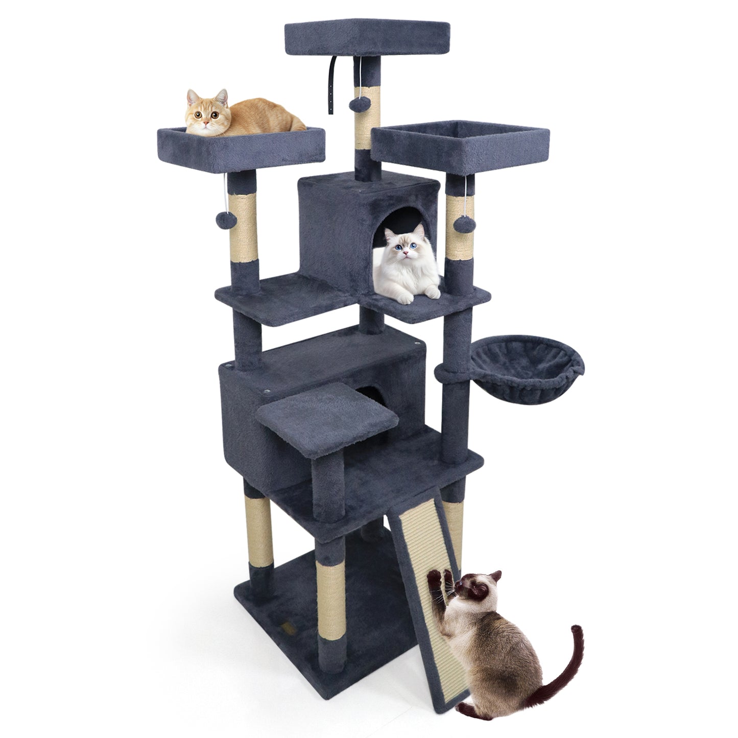 65 Inch Tall Multi-level Cat Tree with 3 Upholstered Perch and 2 Cat Condos-Beige
