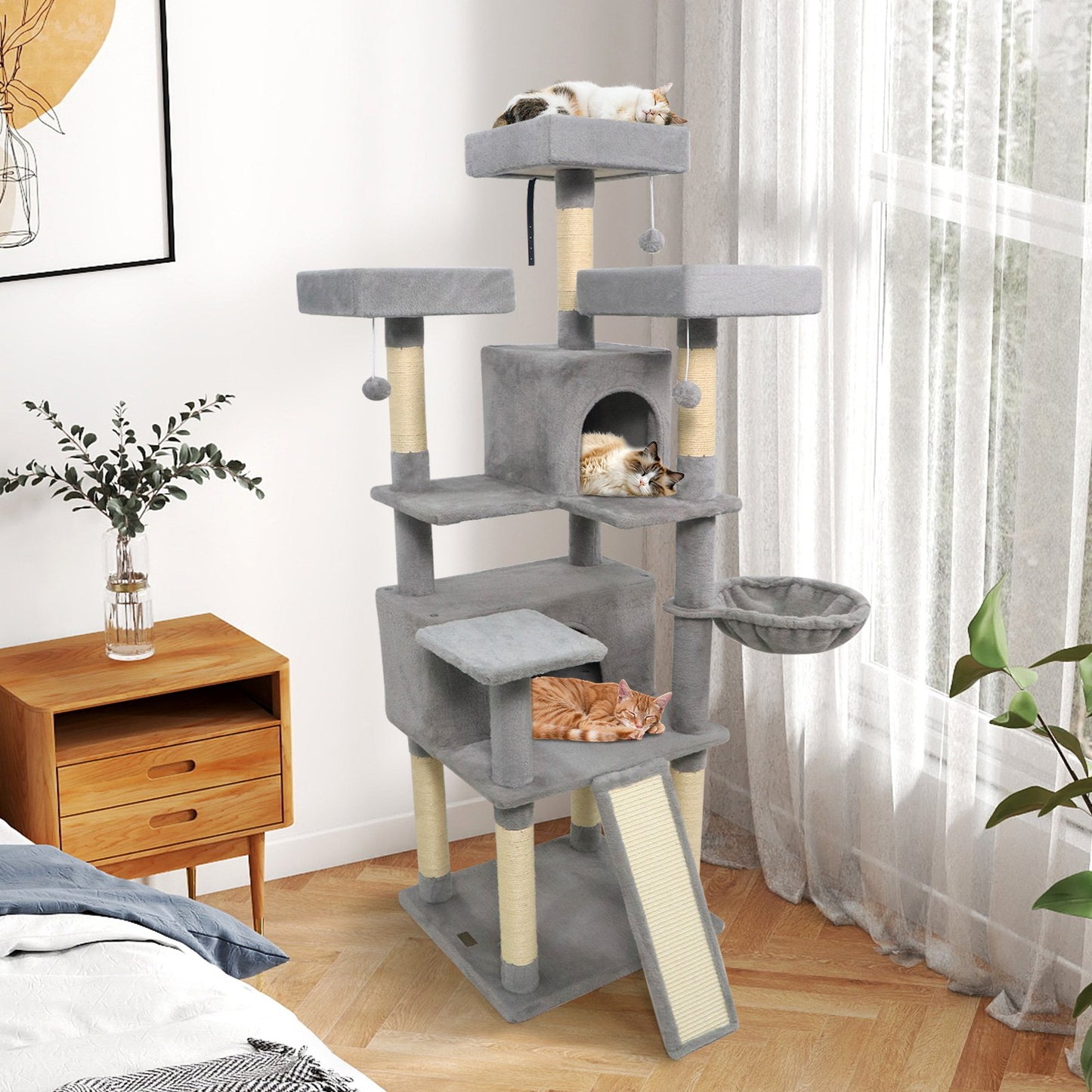 65 Inch Tall Multi-level Cat Tree with 3 Upholstered Perch and 2 Cat Condos-Beige