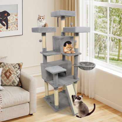 65 Inch Tall Multi-level Cat Tree with 3 Upholstered Perch and 2 Cat Condos-Beige