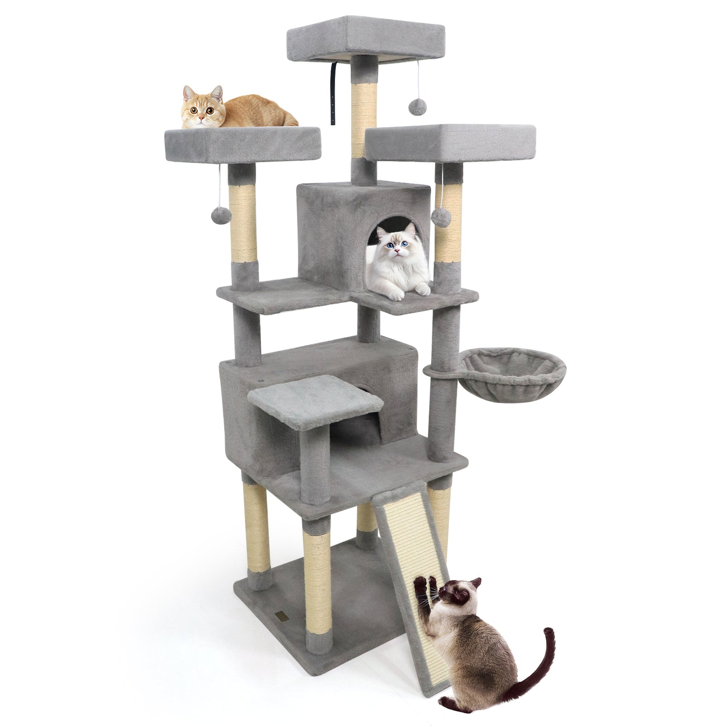 65 Inch Tall Multi-level Cat Tree with 3 Upholstered Perch and 2 Cat Condos-Beige