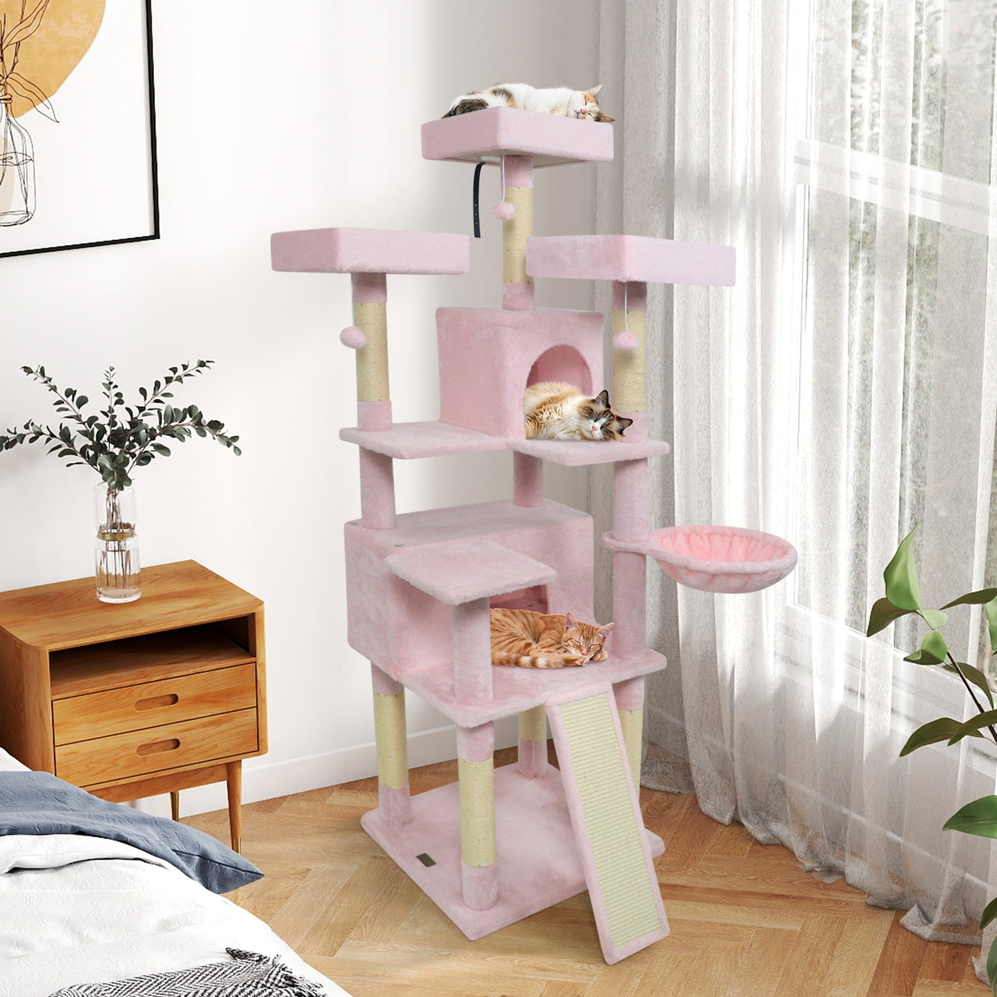 65 Inch Tall Multi-level Cat Tree with 3 Upholstered Perch and 2 Cat Condos-Beige