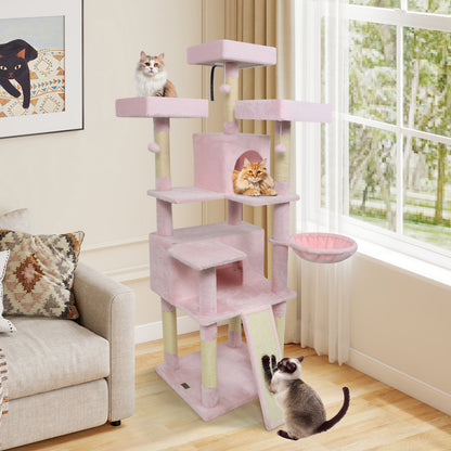 65 Inch Tall Multi-level Cat Tree with 3 Upholstered Perch and 2 Cat Condos-Beige