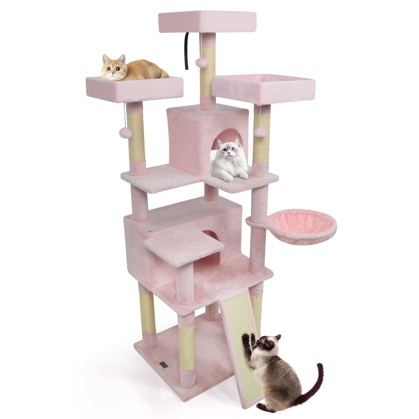 65 Inch Tall Multi-level Cat Tree with 3 Upholstered Perch and 2 Cat Condos-Beige