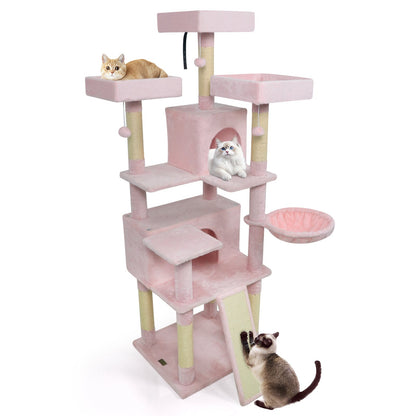 65 Inch Tall Multi-level Cat Tree with 3 Upholstered Perch and 2 Cat Condos-Beige