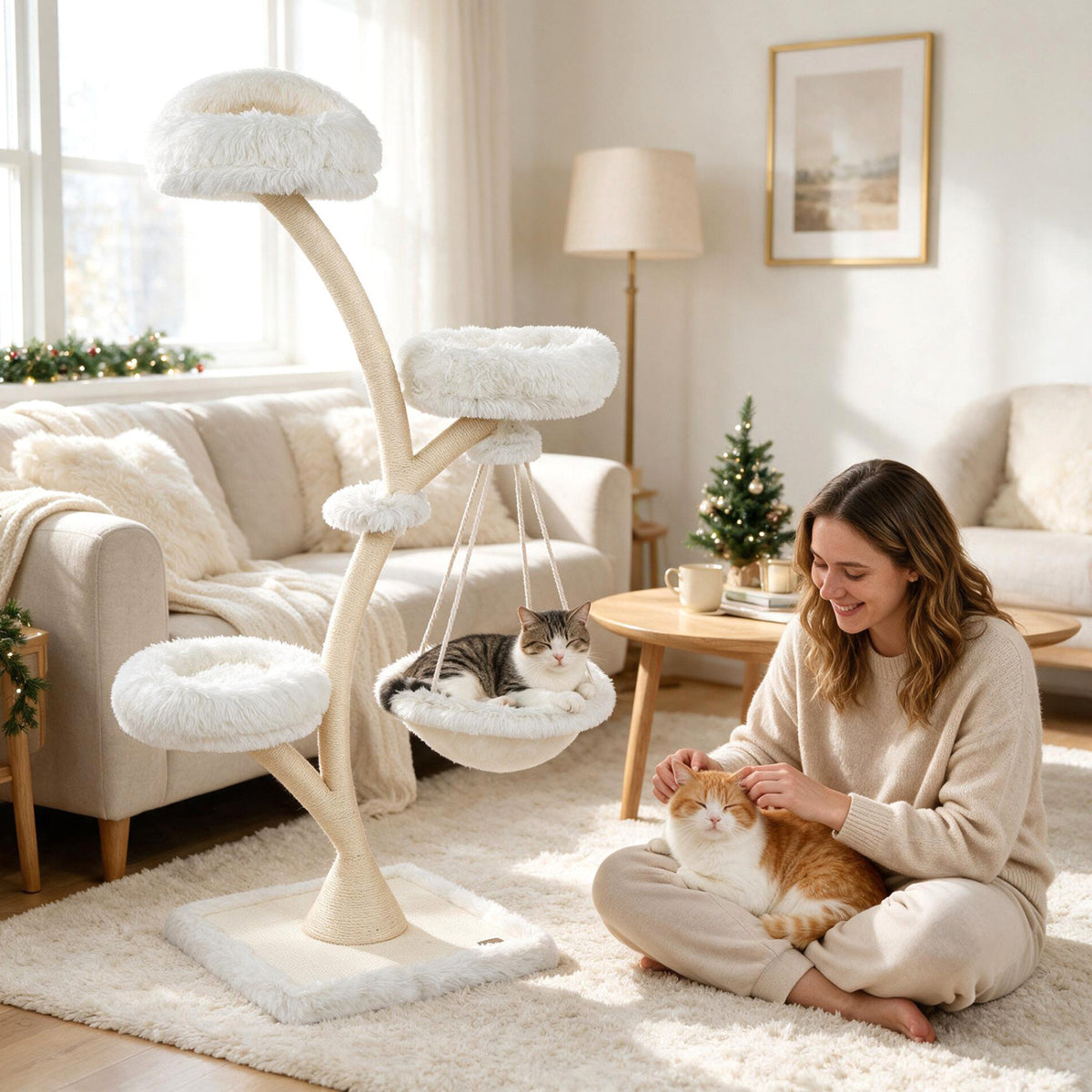 66.5" Multi-Level Modern Cat Tower with Top Perch 2 Beds Hammock and Sisal Posts-Beige
