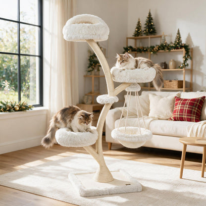 66.5" Multi-Level Modern Cat Tower with Top Perch 2 Beds Hammock and Sisal Posts-Beige