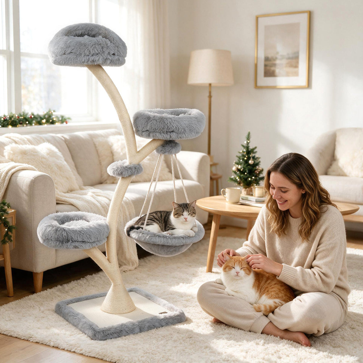66.5" Multi-Level Modern Cat Tower with Top Perch 2 Beds Hammock and Sisal Posts-Beige