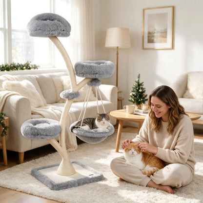 66.5" Multi-Level Modern Cat Tower with Top Perch 2 Beds Hammock and Sisal Posts-Beige