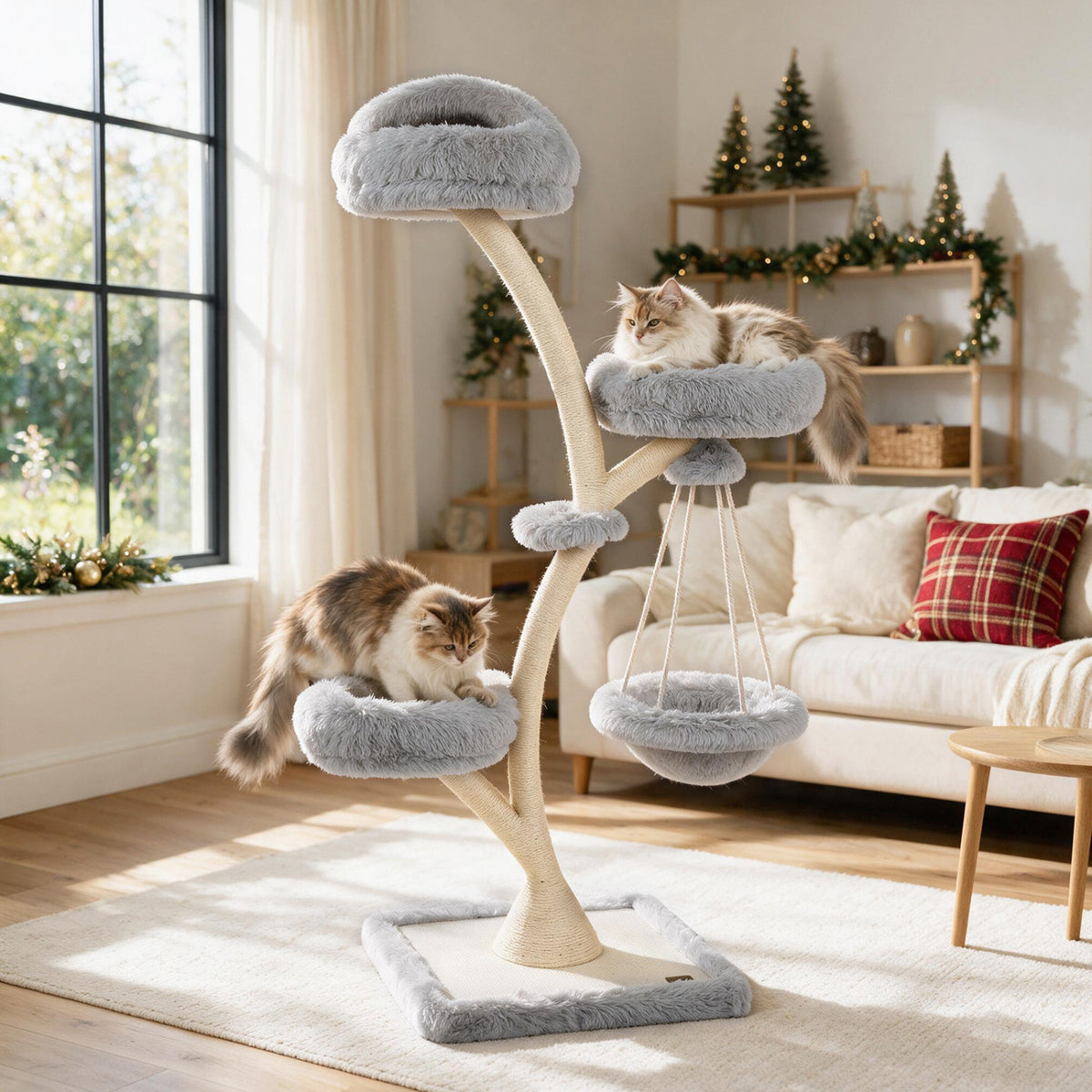 66.5" Multi-Level Modern Cat Tower with Top Perch 2 Beds Hammock and Sisal Posts-Beige