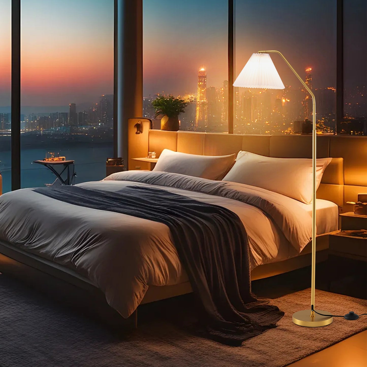 66" Arc Floor Lamp  Modern Standing Lamp with Adjustable Lamp Head  Pleated Lampshade & Foot Switch  Tall Lamp Reading for Living Room  Bedroom & Office