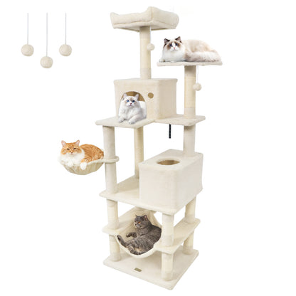 66 Inch Tall Cat Tree Multi-Level Cat Tower with 2 Condos Sisal Scratching Posts-Beige