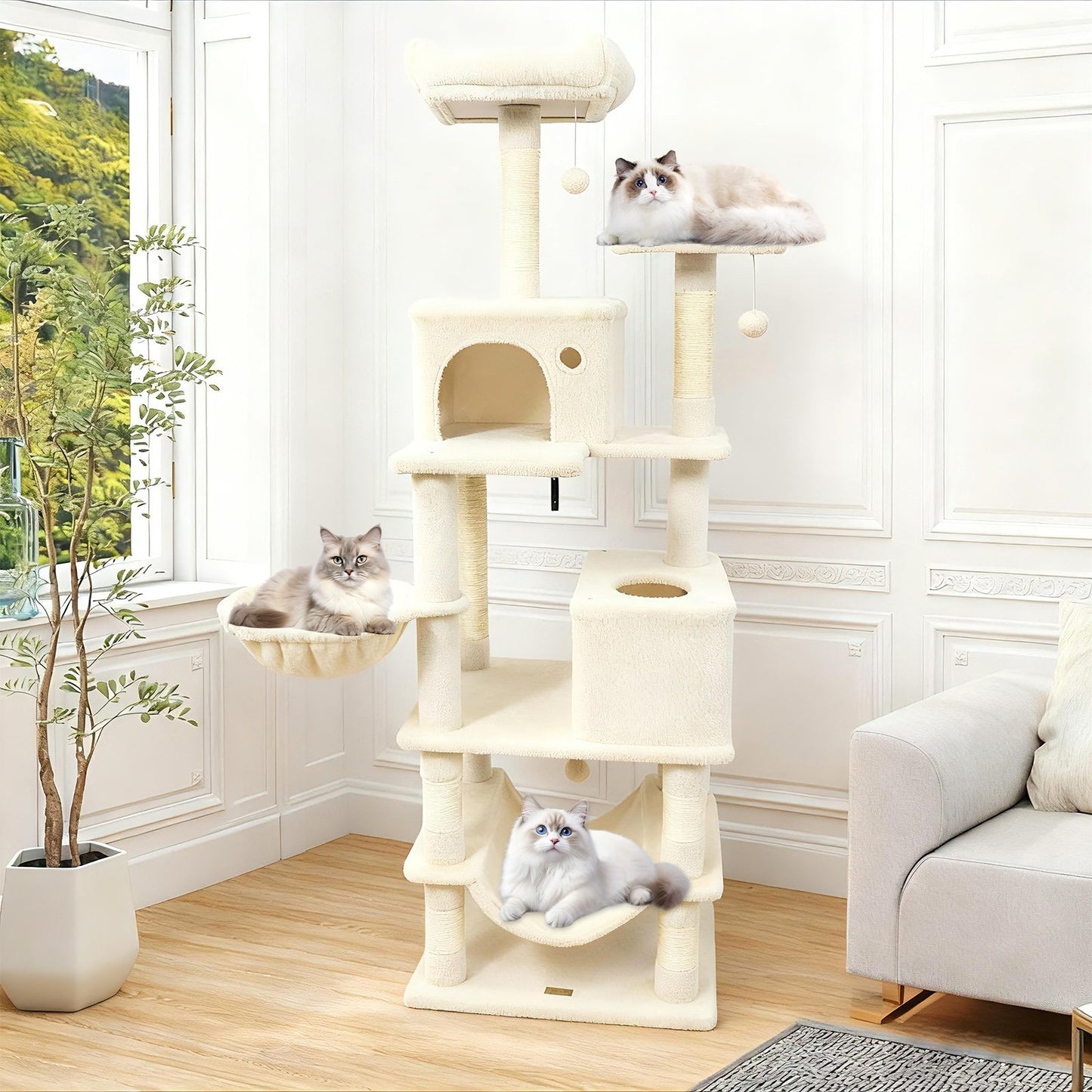 66 Inch Tall Cat Tree Multi-Level Cat Tower with 2 Condos Sisal Scratching Posts-Beige